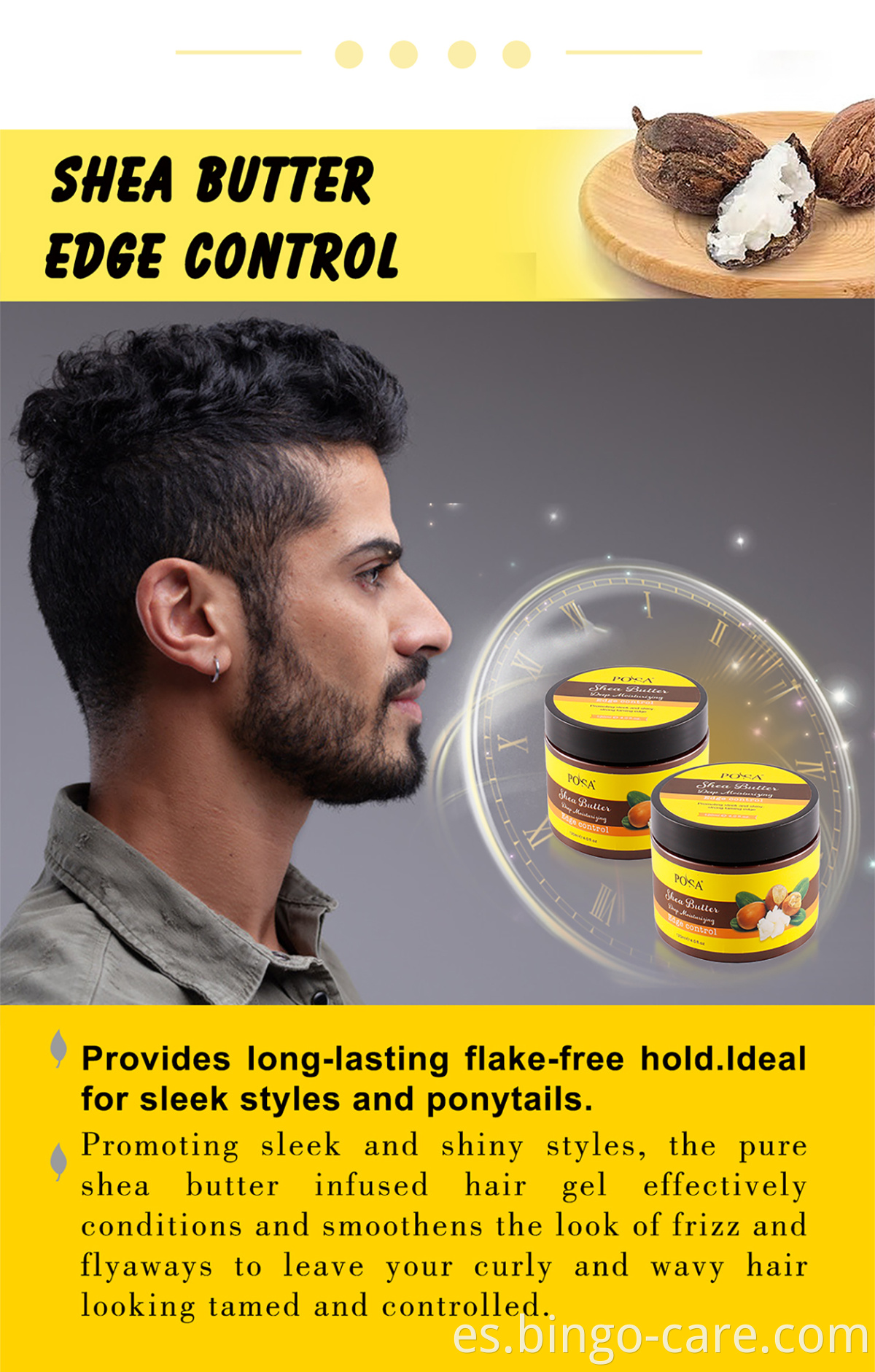 POSA Manteca de karité Control de bordes Cera para el cabello Tratamiento para el cabello Fijación fuerte Aspecto brillante